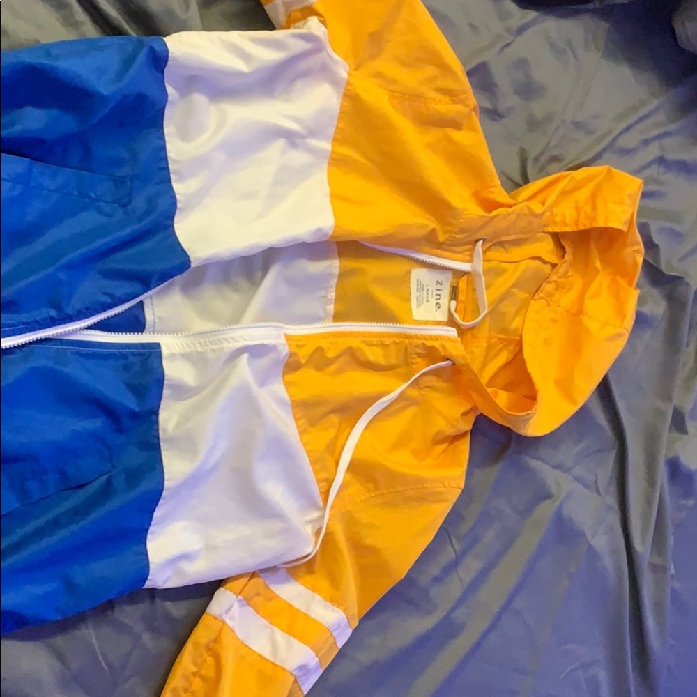 Blue yellow and white windbreaker